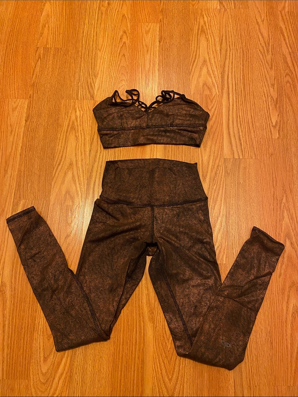 Alo Yoga Rare Bronze Metalic Shimmer Bra & Full Length Leggings Set GUC in XS!